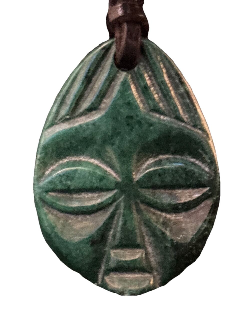 Primitive Carved Green Gemstone Tribal Face Boho Pendant With Leather Cord 2”